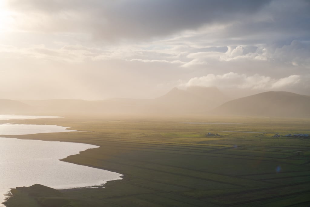 Light shining over the plains and hills in southern Iceland