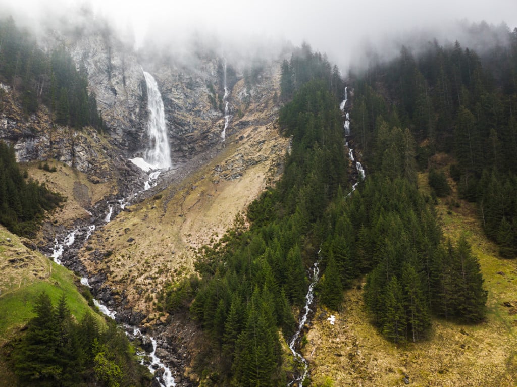Mountain waterfalls shot from a drone