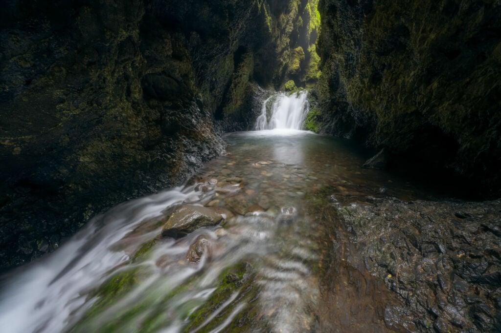 Flowing water in the Nauthusagil gorge in Iceland.