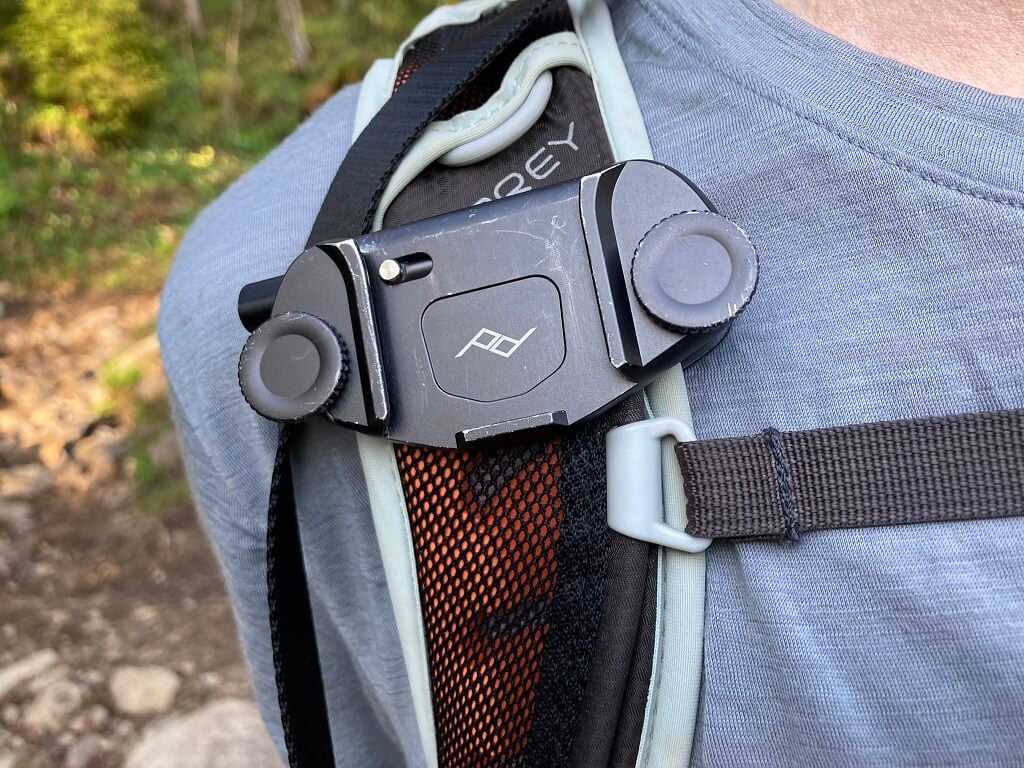 Peak Design Capture Clip Backpack strap Camera Mount on a backpack