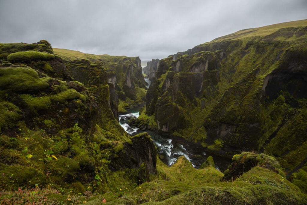 The Winding, green canyon of iceland on a cloudy day