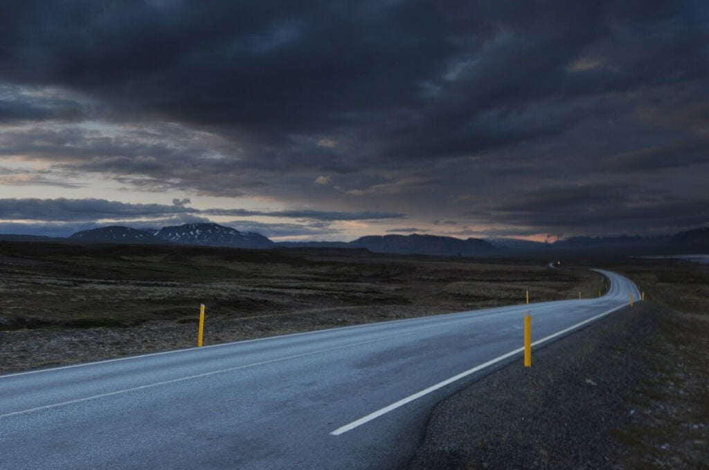Dark clouds on a road in Iceland