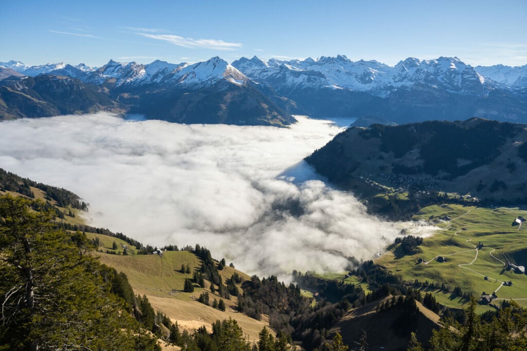 View of the snow-capped alps above a sea of fog in central Switzerland