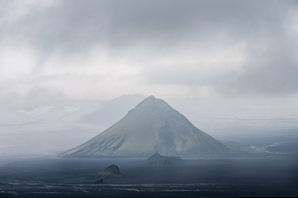 Mount Maelifell in iceland, a cone shaped volcano in the highlands.