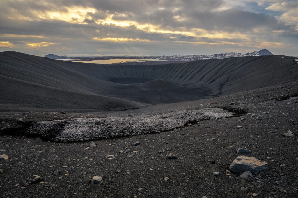 The Hverfjall Crater hike view from the top at sunset
