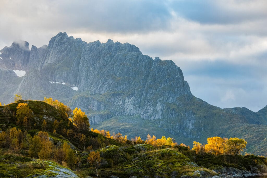 mountains bathing in the afternoon light during the golden hour on the Lofoten islands