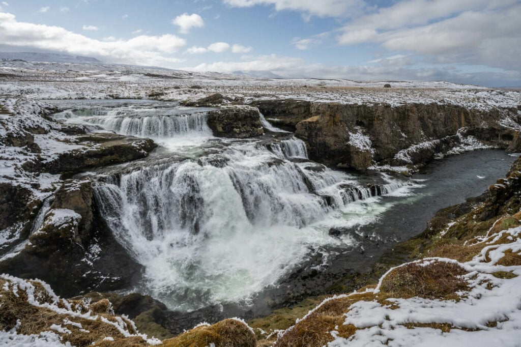 Reykjafoss waterfall on the Reykjafoss and FosslaugHot Spring Trail