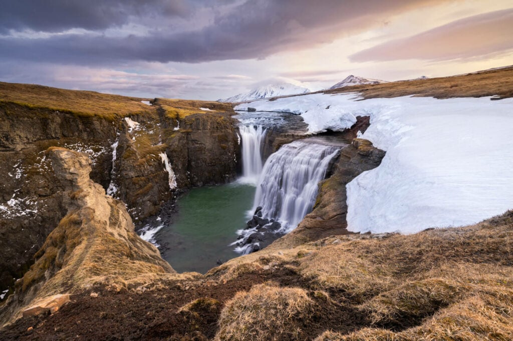 Waterfalls of the waterfall circle in Laugarfell at sunset