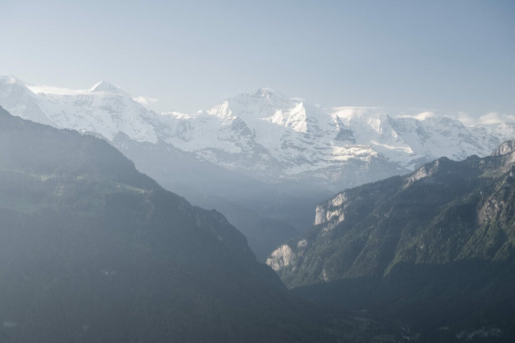 Mount Joungfrau and Mount Eiger from the Harder Kulm viewpoint on the Augstmatthorn Hike