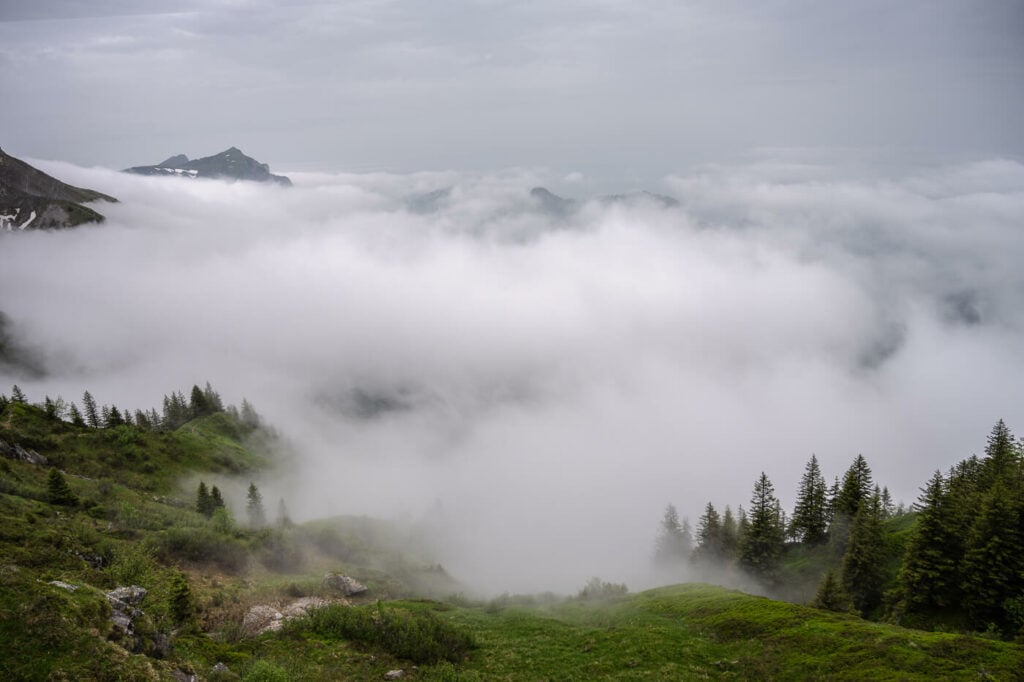View from the trail to Mount Pilatus on a foggy and moody day