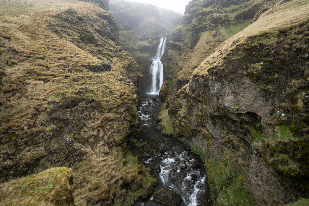 Third step of the Gluggafoss waterfall which can only be reached via a short hike.