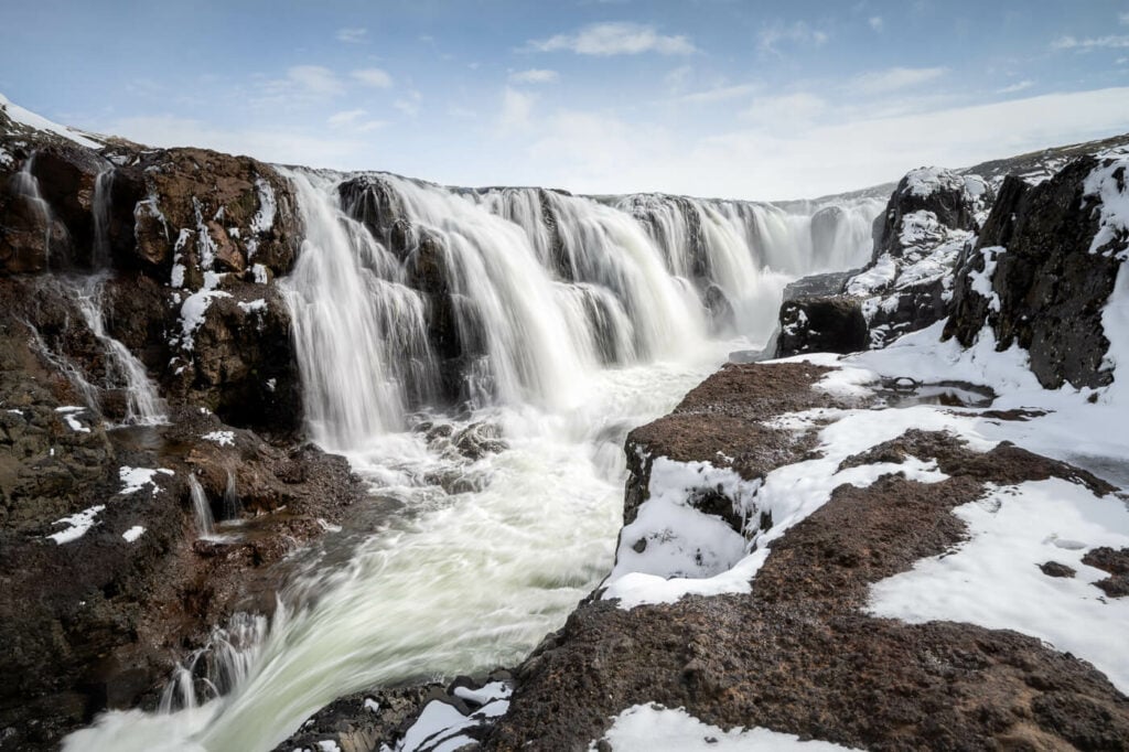 Kolfoss, part of the Kolugljufur Canyon after a snowfall.