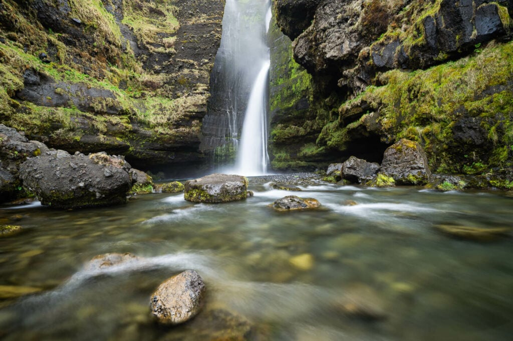 Gluggafoss, a waterfall in a narrow gorge in Iceland