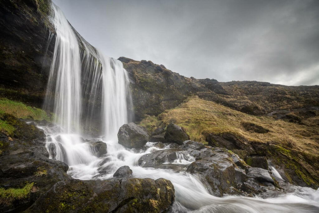 Selvallafoss Waterfall on a cloudy day