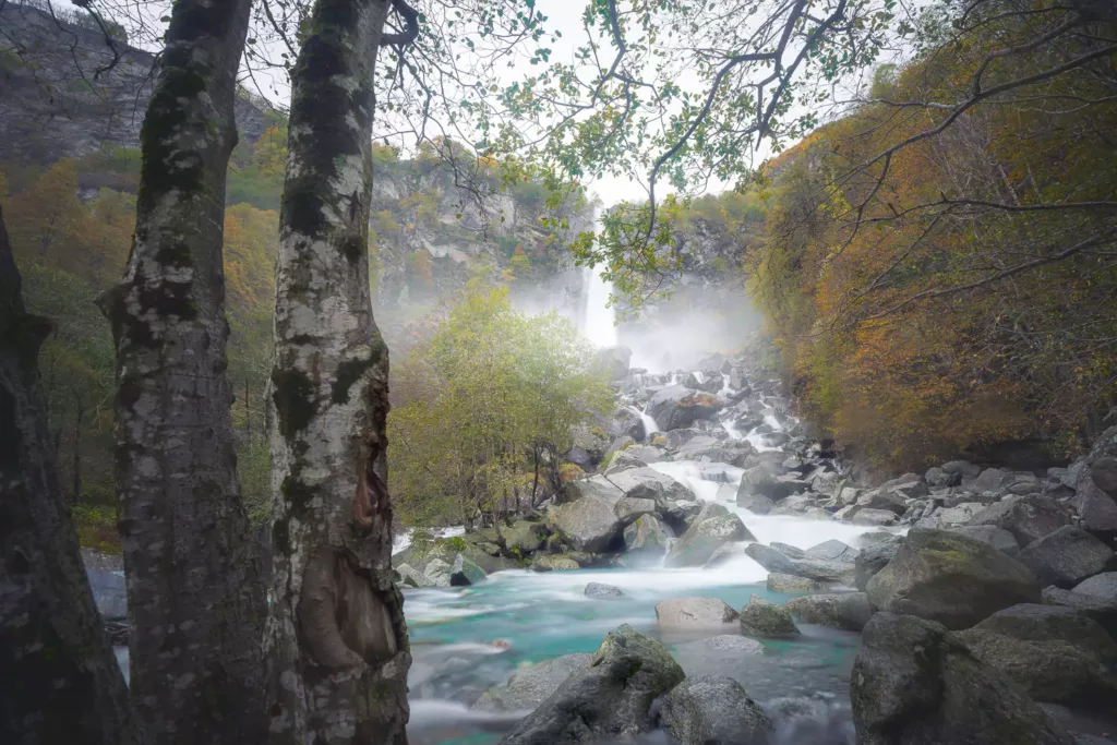 The Cascata di Foroglio viewed from the river banks in the woods