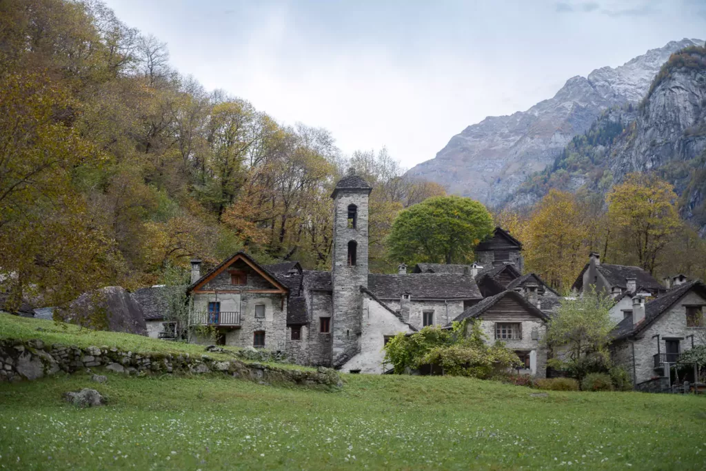 The picturesque Foroglio Village and the tower of its church