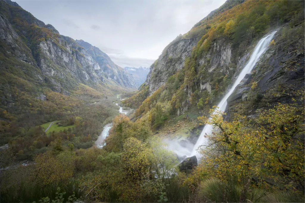 Foroglio Waterfall viewed from a trail above the village