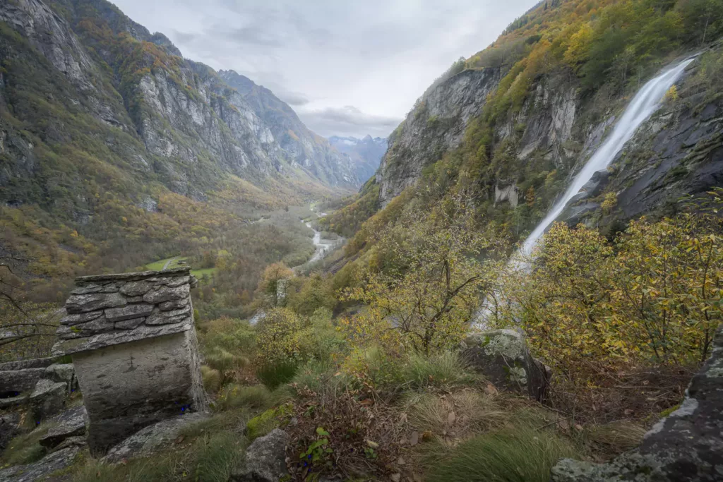 Chapel above the village of Foroglio with a view of the powerful waterfall as well as Val Bavona