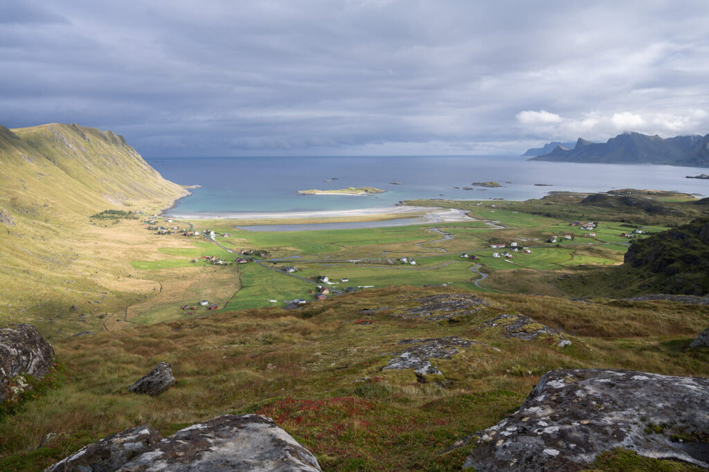 Panoramic view from the kvalvika beach hiking trail with view of the seas and the mountains around it in the fords of the lofoten