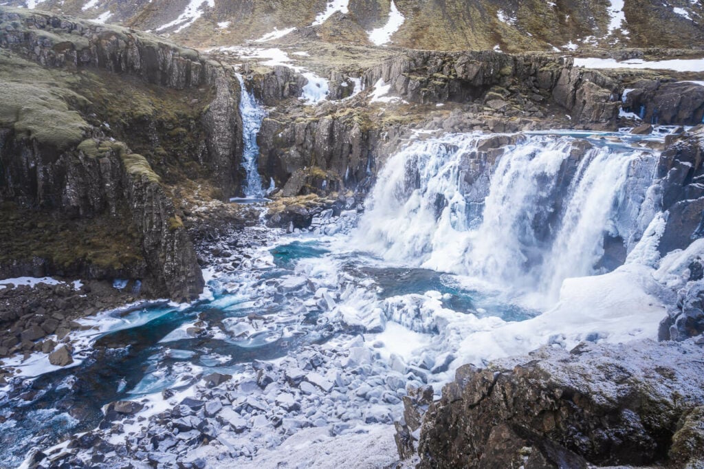 Múlafoss Waterfall in Fossardalur on a cold winter day.