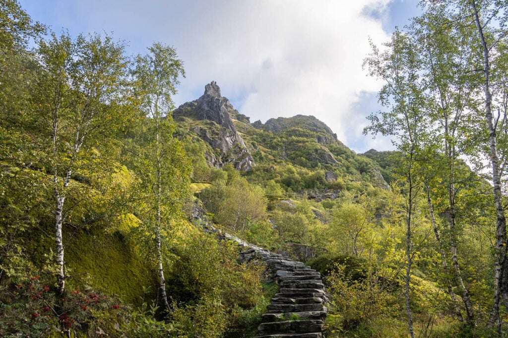 Stone stairs called Djeveltrappa part of the hike to Floya and Djevelporten on Lofoten Islands in Svolvaer