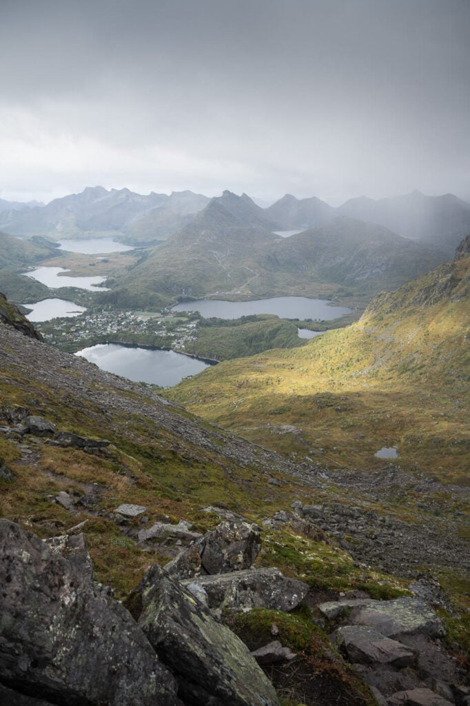 Panoramic view of the lakes around Svolvaer on a cloudy day with some soft light peaking through the clouds.
