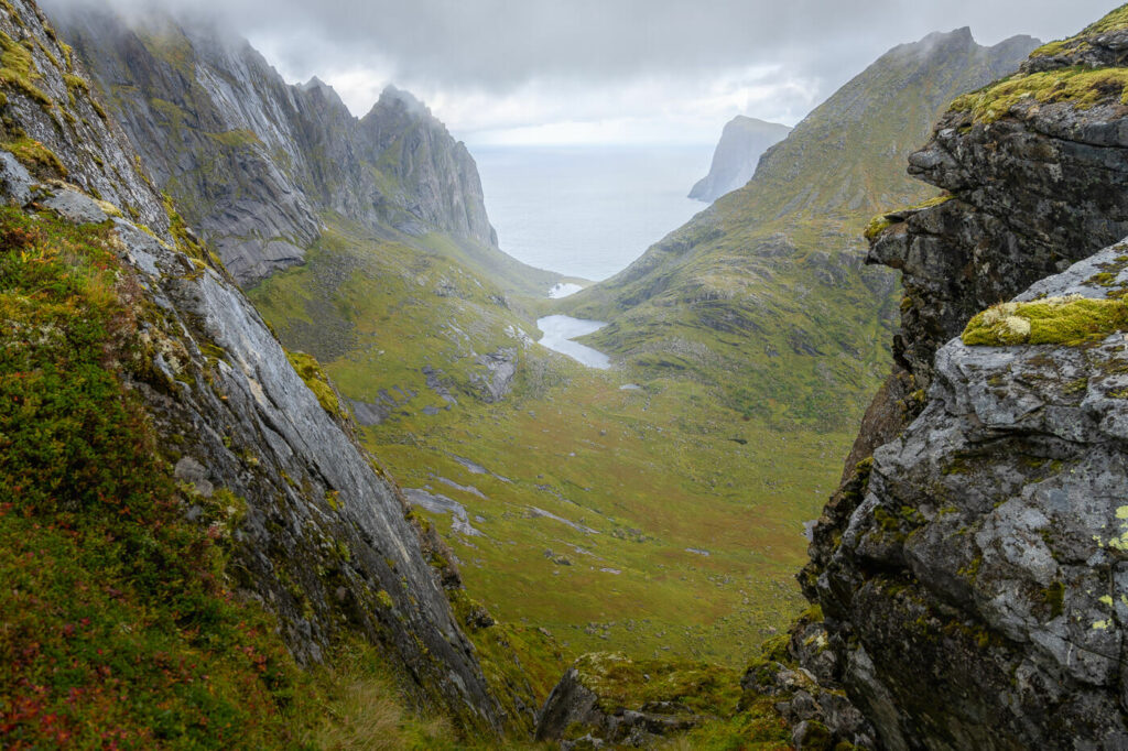 Panoramic view ig green mountains from the hike to Kitinden on the Moskenesoya island in the lofoten.