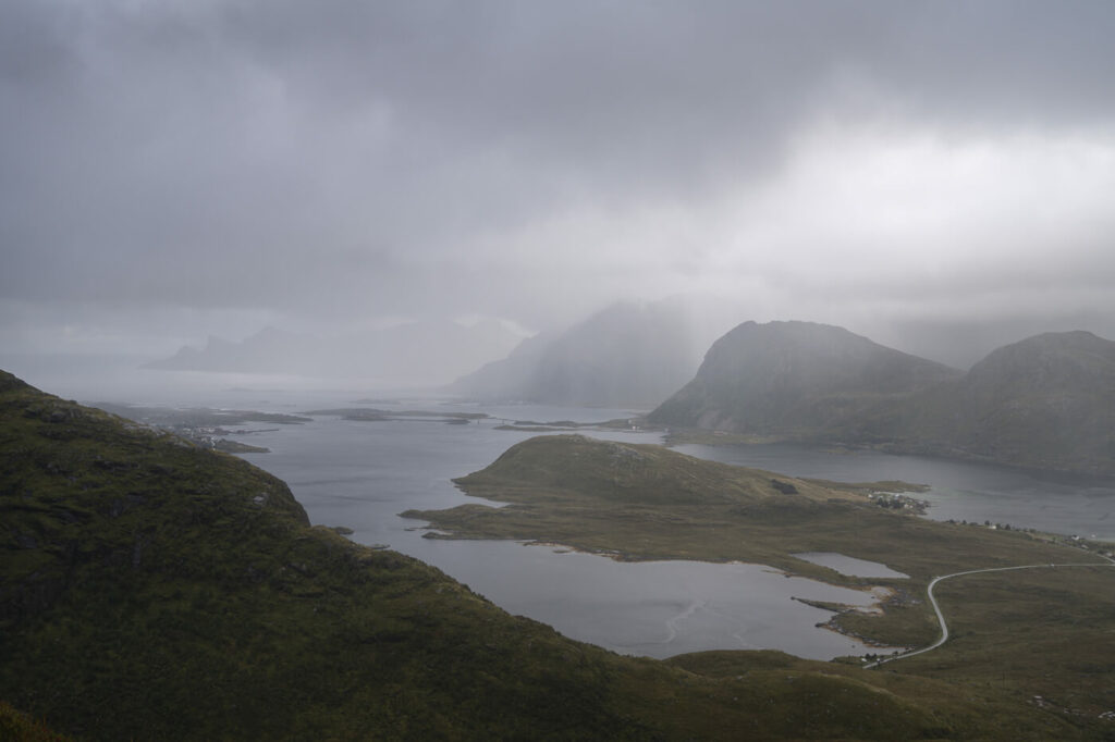 Rain in the distance above Flakstadoya in the Lofoten islands.