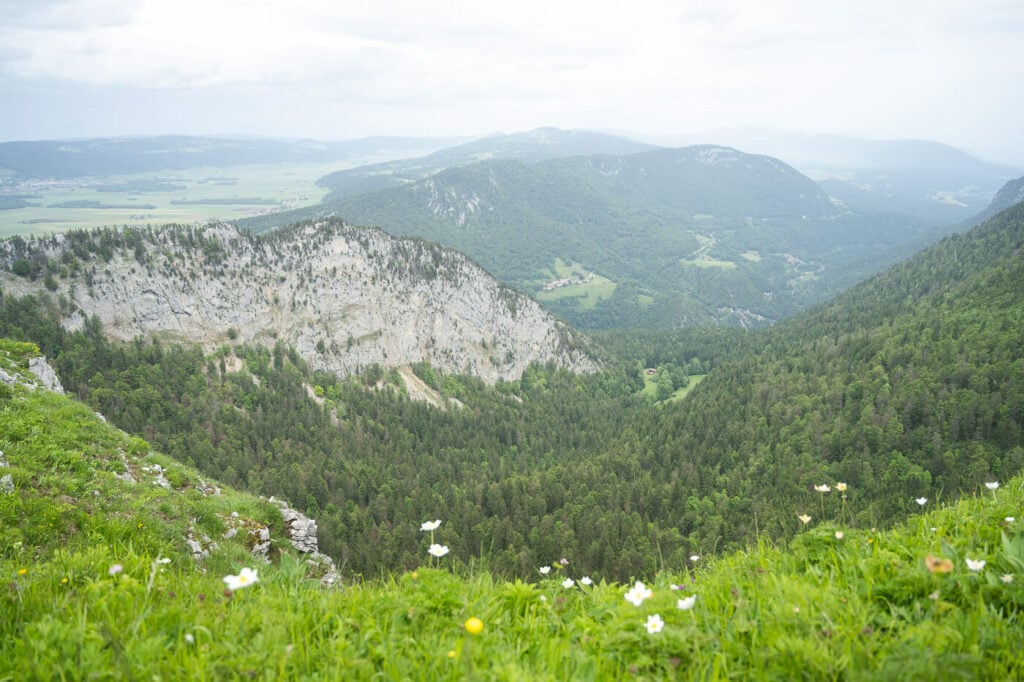 View of hilly landscape from the top of a cliff in Switzerland.