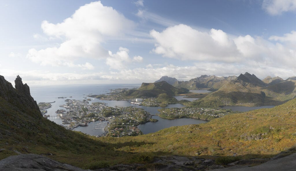 Panoramic view of Svolvaer and the surrounding mountain form the flora hiking trail on the lofted