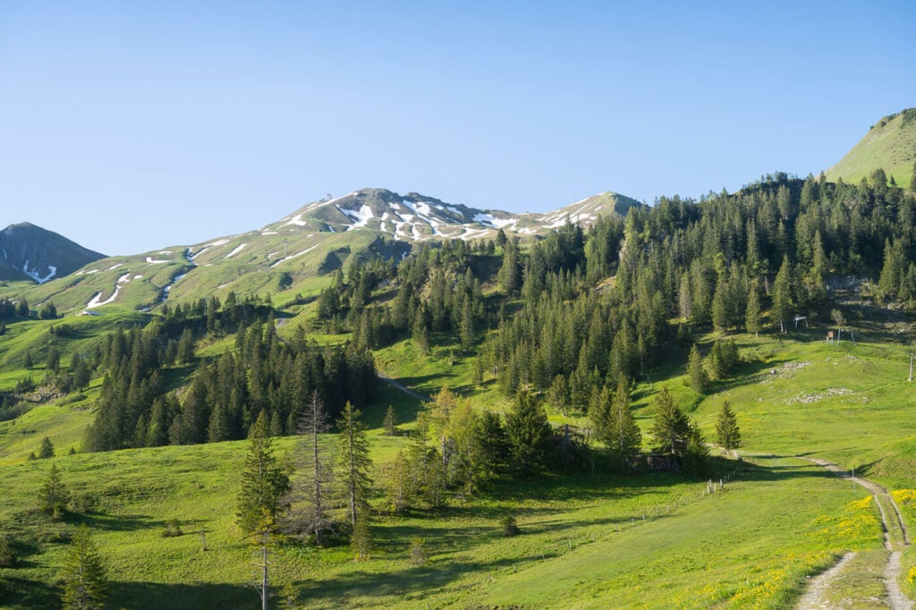 Klingenstock mountain with some snow on it, viewed from below.