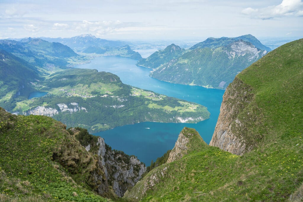 View of Lake Lucern from Fronalpstock at the ned of the Stoos Ridge Hiking Trail.