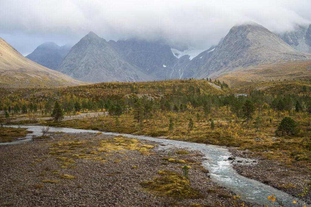 View of autumnal landscape in the Lyngen alps of Norway.