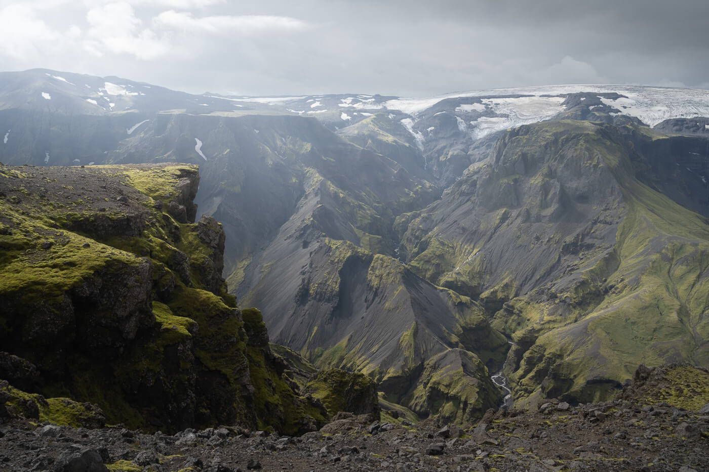 View of a valley in Thorsmork from the top of the hike to Útigönguhöfði