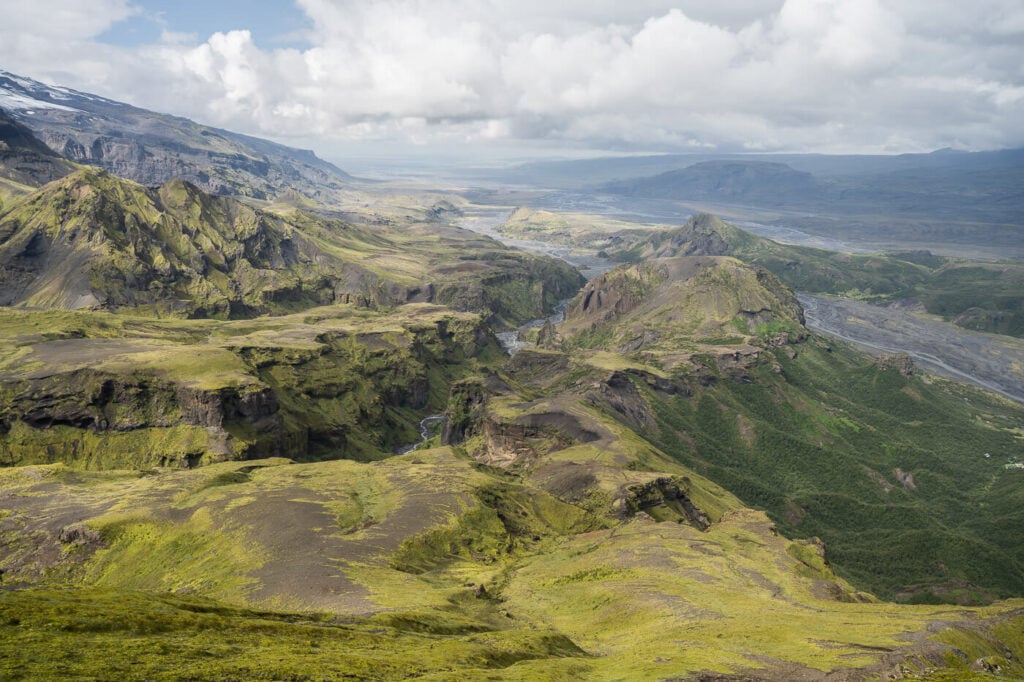 View of river, canyons and mountains from the top of Útigönguhöfði 