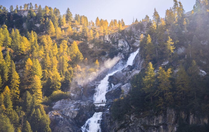 View of the second and third waterfalls of the Cascate del Rutor from the Panoramic viewpoint.