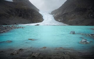 View of the Steindalsbreen glacier and glacial lake in the Lyngen Alps