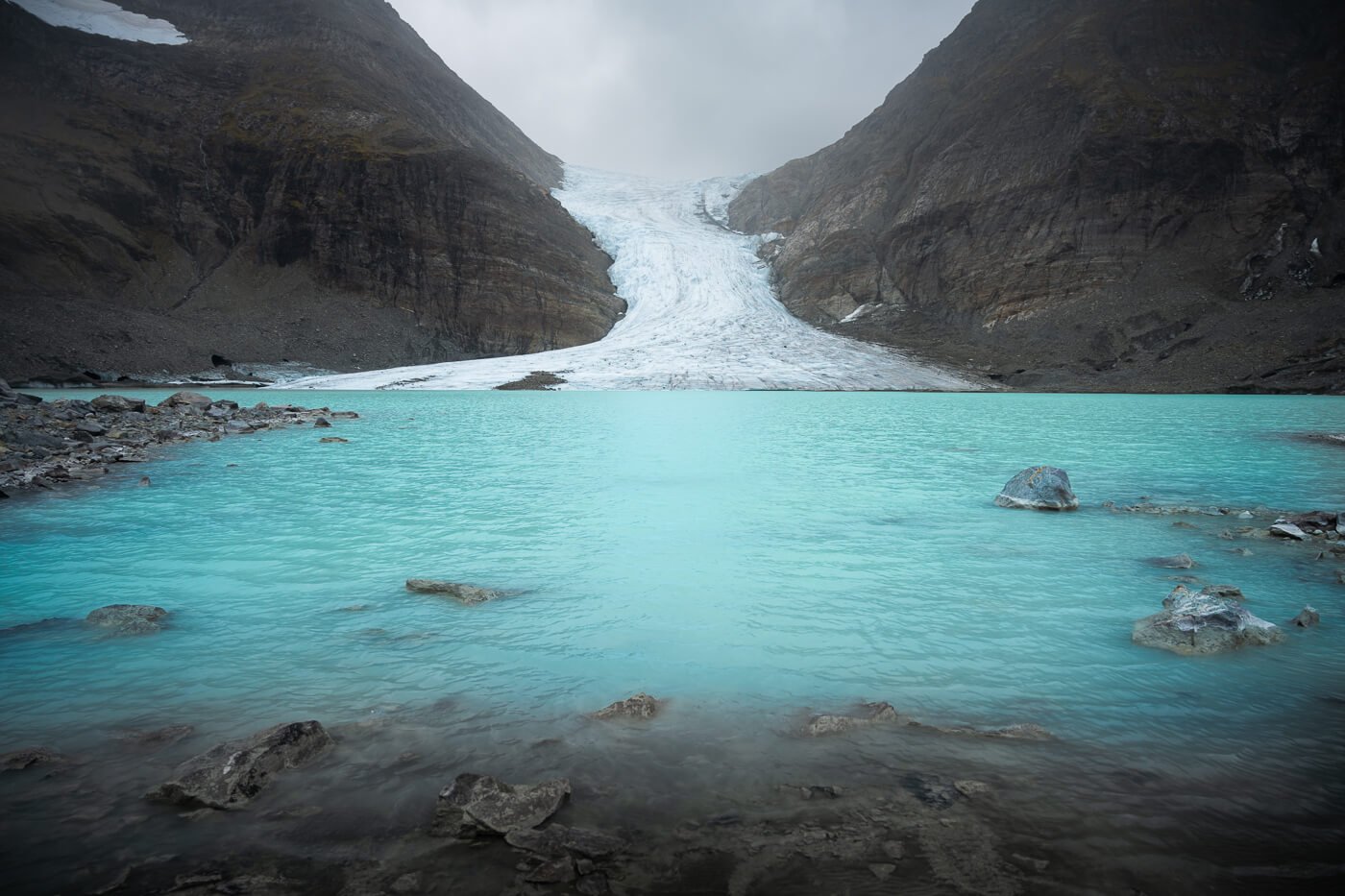 View of the Steindalsbreen glacier and glacial lake in the Lyngen Alps