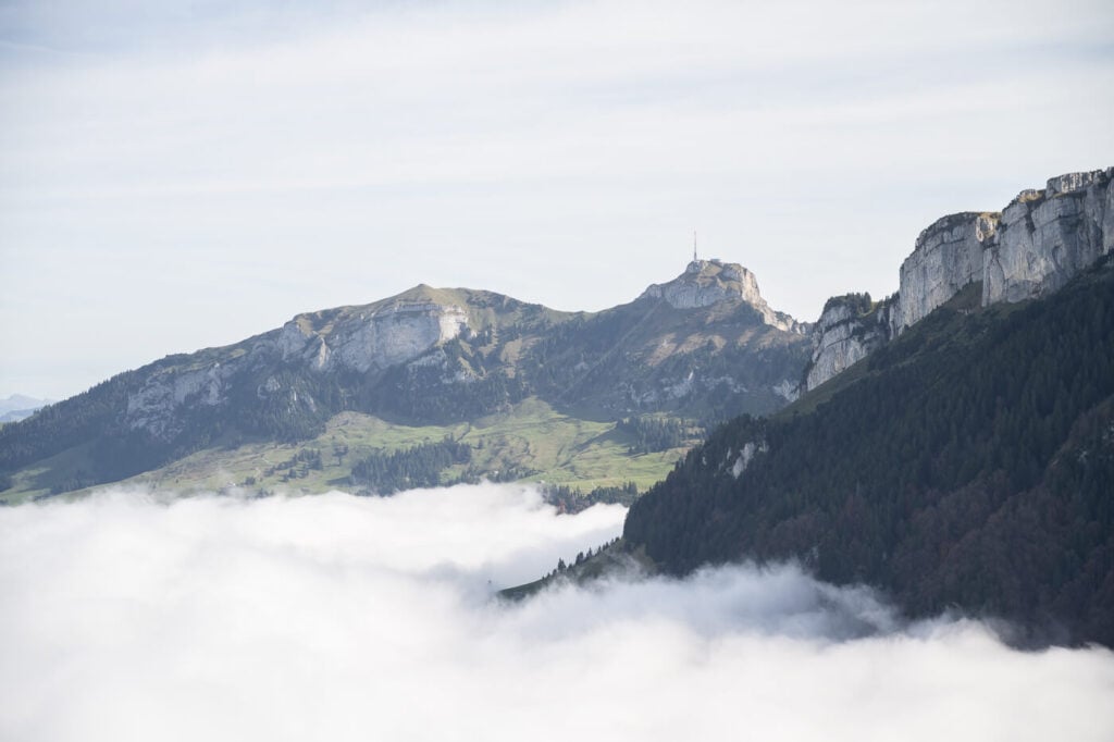 Hiew of Hoher Kasten in Appenzell, above a sea of fog.