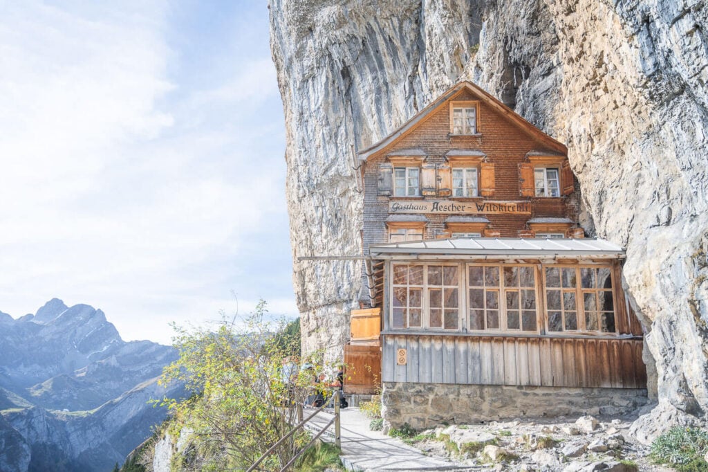 Aescher hut, a mountain guesthouse built on a cliff in Switzerland