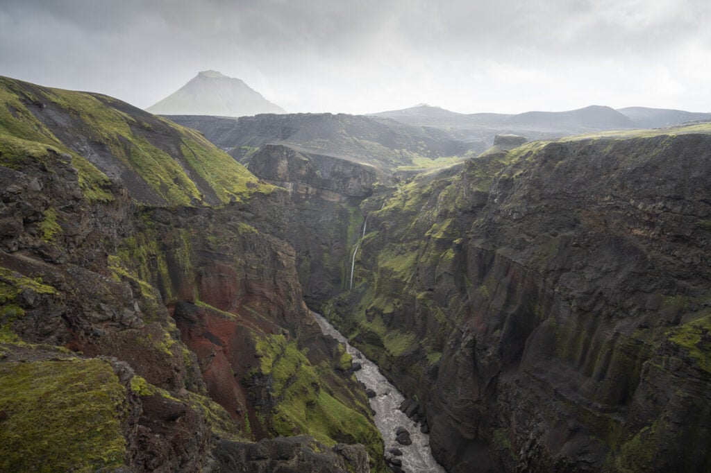 Mount Hattfell towering above the Markarfljotsgljufur Canyon, with a view of the Markarfljot River below