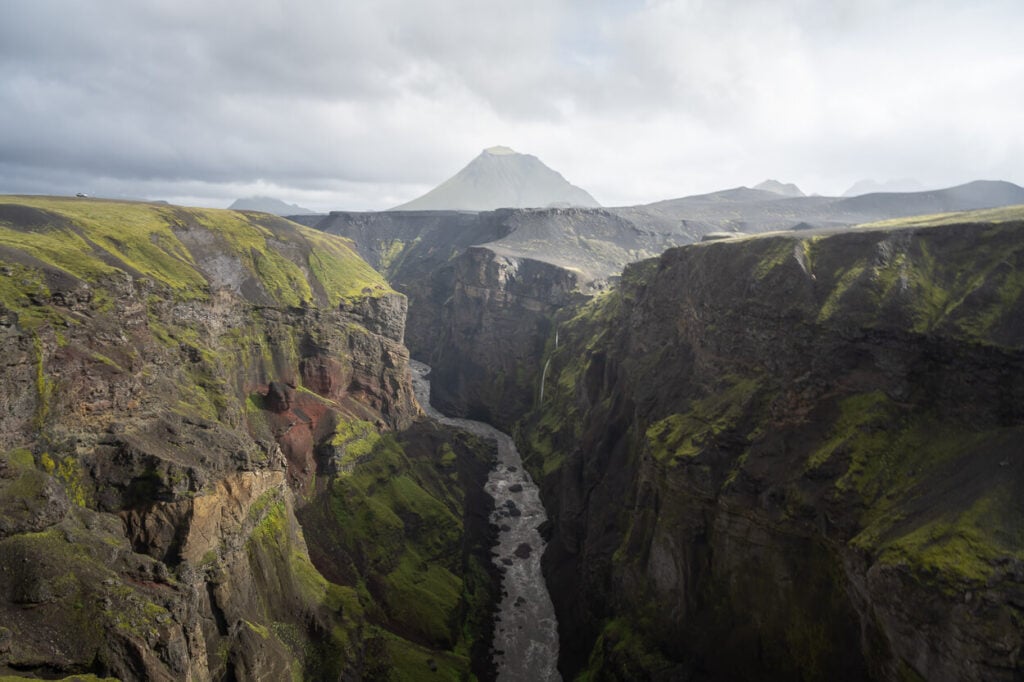 mount Hattfell in the distance above a canyon in Iceland,.