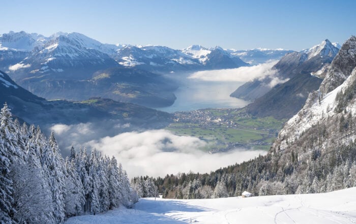 Viewpoint of Lake Lucern on the Furggelen Snowshoe Trail in the Mythen Region