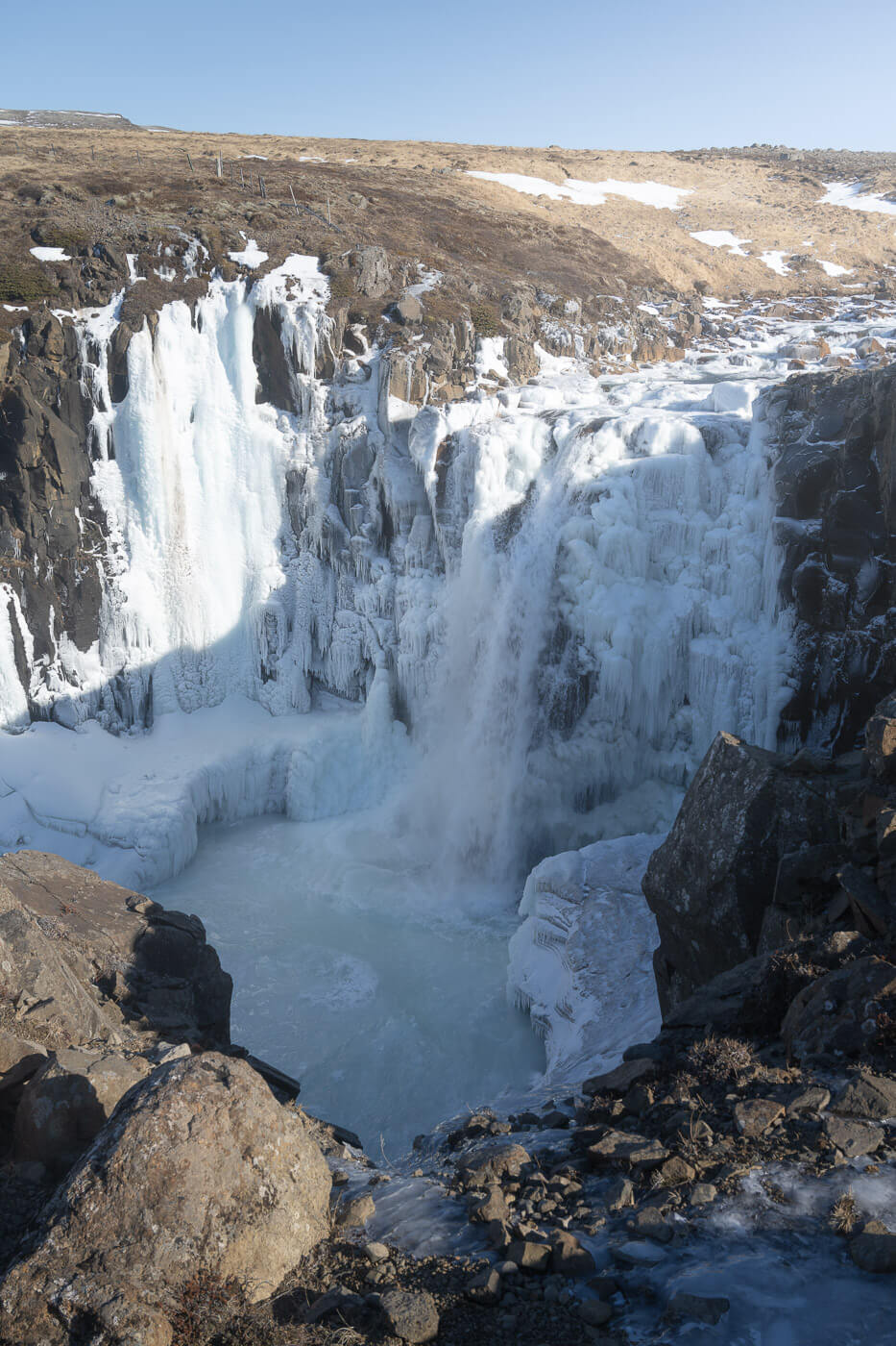 Frozen waterfall in Iceland in Winter.