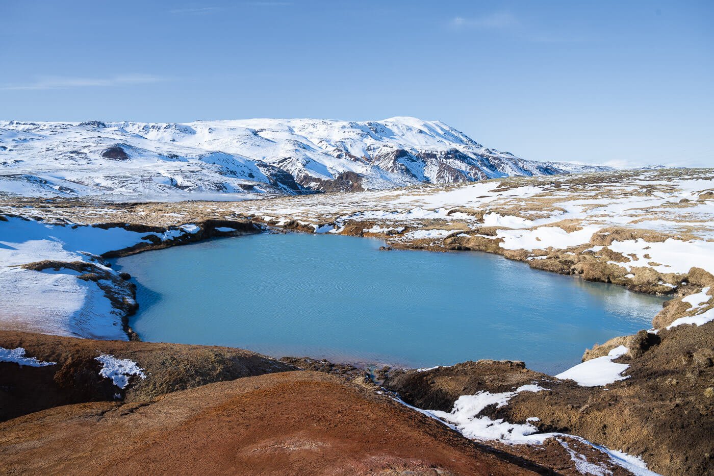 A geothermal pool in Iceland visited in March, along the Reykjadalur hiking trail loop/