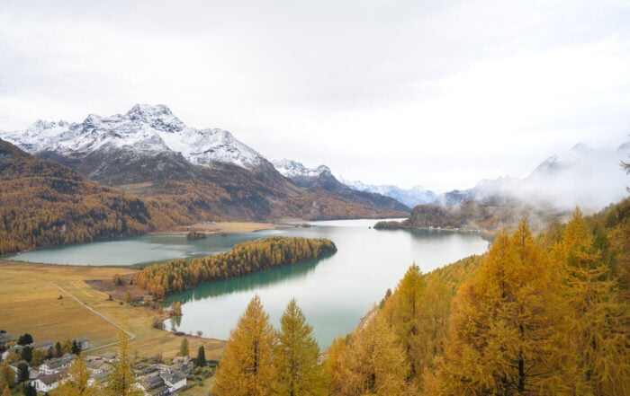 Plaz viewpoint toward sils on the hike from Silvaplana to Maloja