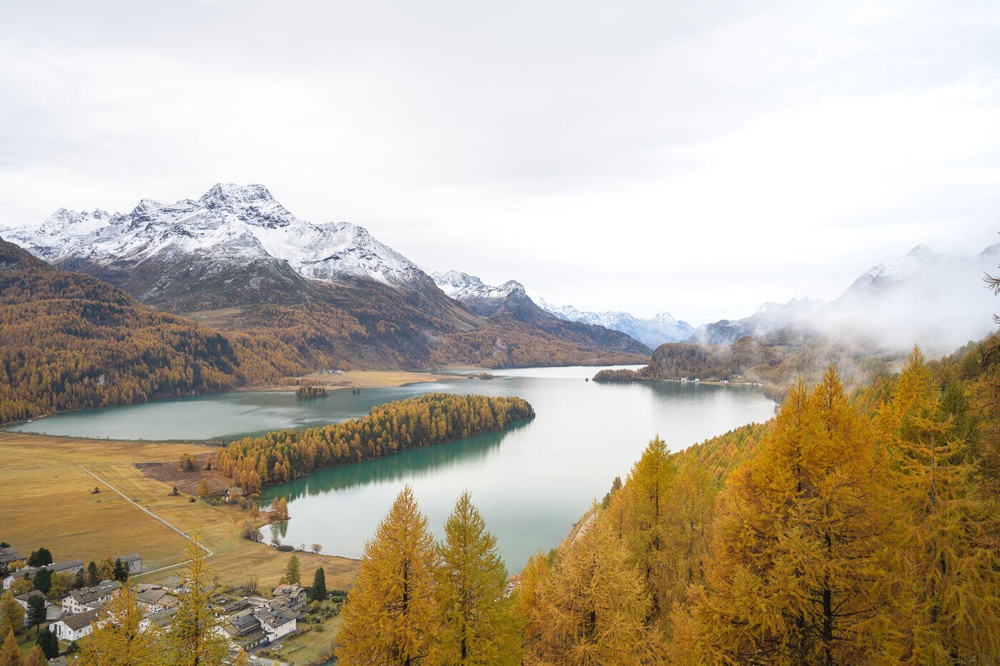 Plaz viewpoint toward sils on the hike from Silvaplana to Maloja