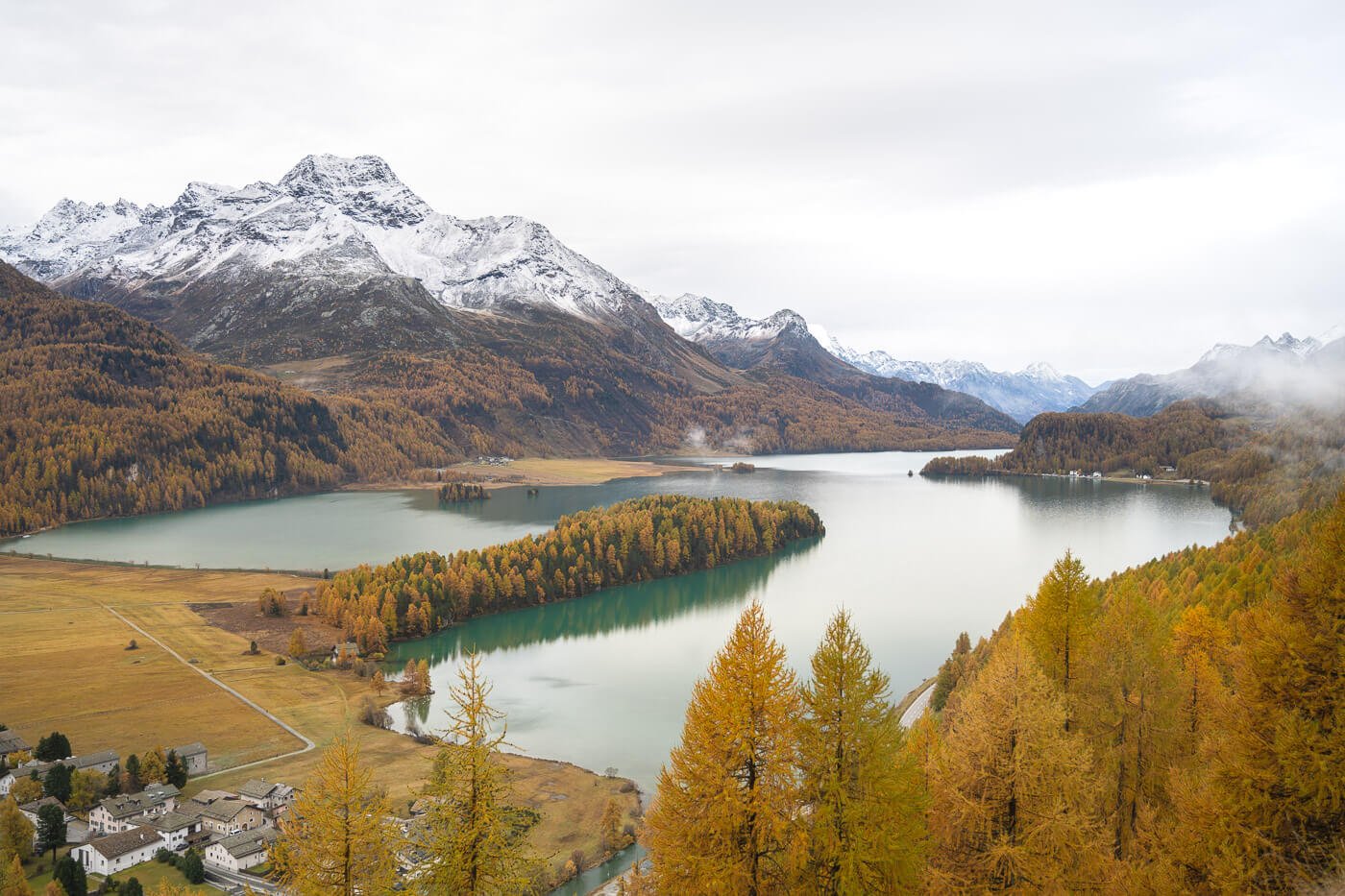 Lake Sils view from Plaz viewpoint in the Engadine.