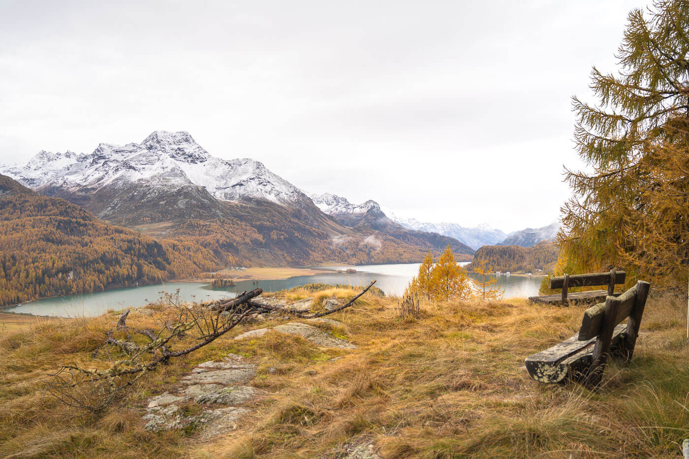 Plaz Viewpoint on the Hiking trail between Silvaplana and Maloja with view of the SIlsersee, or Lake Sils