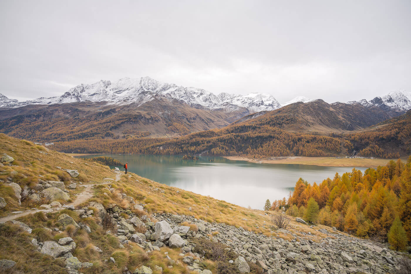 View of Lake SIls from the hiking trail between Maloja and Silvaplana